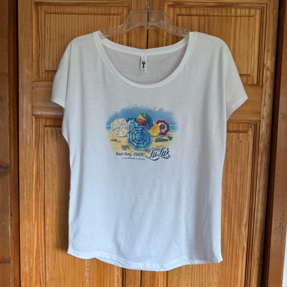 White Graphic Tee with Beach Design